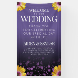 Elegant Daisies Paarse Glitter Welcome Wedding Spandoek