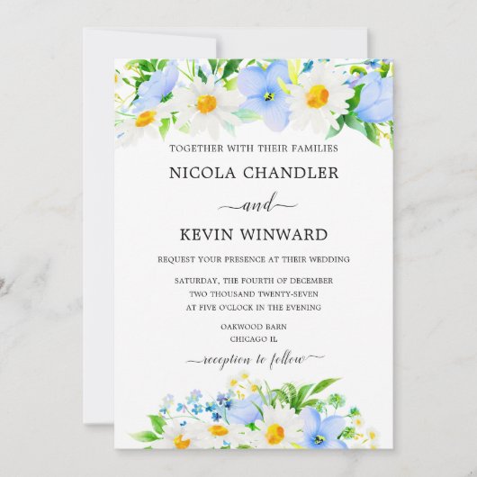 Elegant Daisy and Forget Me Not Wedding Kaart (Voorkant)
