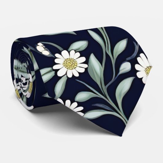 Elegant Daisy Bloempatroon op Donkere Achtergrond Stropdas (Opgerold)