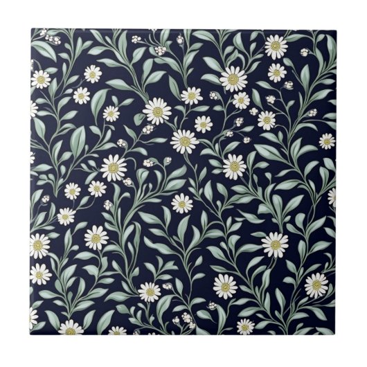 Elegant Daisy Bloempatroon op Donkere Achtergrond Tegeltje (Voorkant)