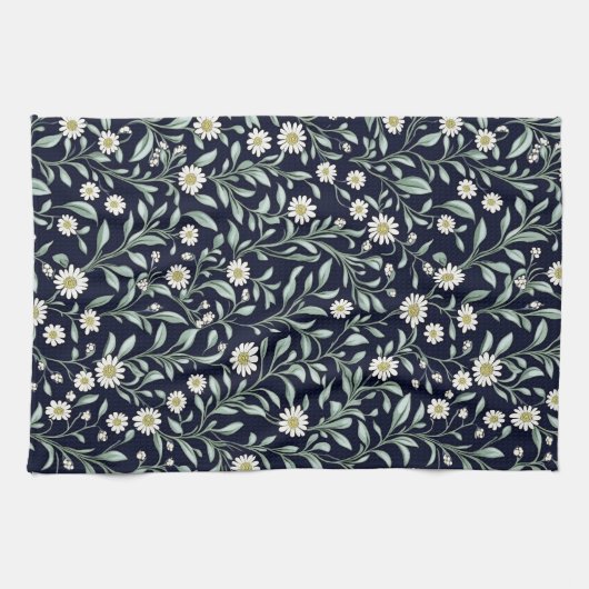 Elegant Daisy Bloempatroon op Donkere Achtergrond Theedoek (Horizontaal)
