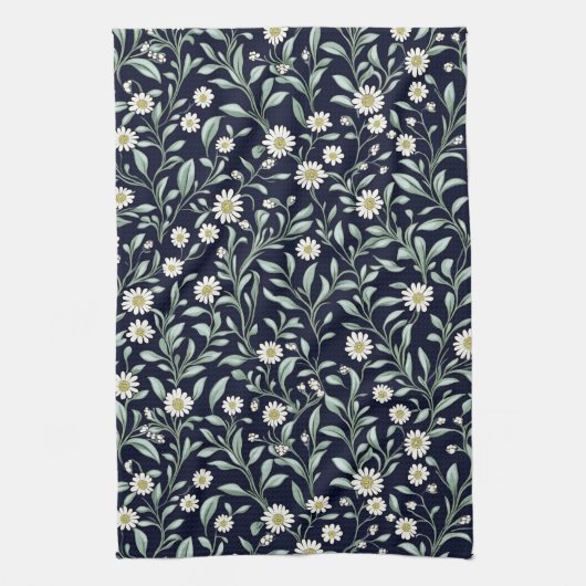 Elegant Daisy Bloempatroon op Donkere Achtergrond Theedoek (Verticaal)