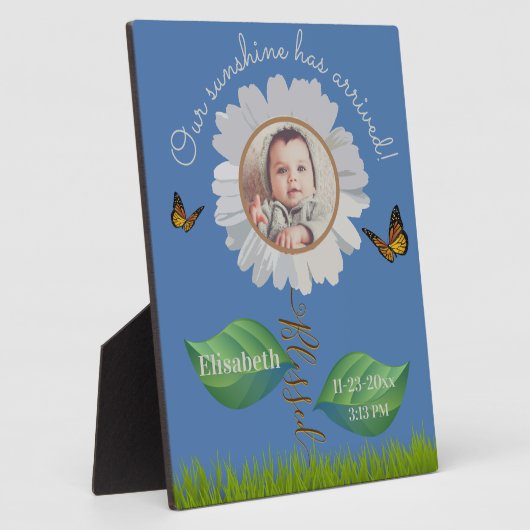 Elegant Daisy Blue Floral Cute Baby Foto & Name Fotoplaat (Zijkant)