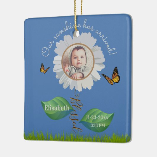 Elegant Daisy Blue Floral Cute Baby Foto & Name Keramisch Ornament (Links)
