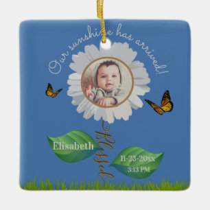 Elegant Daisy Blue Floral Cute Baby Foto & Name Keramisch Ornament