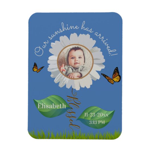 Elegant Daisy Blue Floral Cute Baby Foto & Name Magneet (Verticaal)