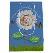 Elegant Daisy Blue Floral Cute Baby Foto & Name Medium Cadeauzakje (Achterkant)