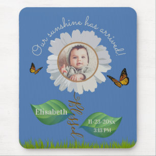 Elegant Daisy Blue Floral Cute Baby Foto & Name Muismat