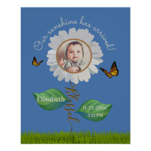 Elegant Daisy Blue Floral Cute Baby Foto & Name Perfect Poster