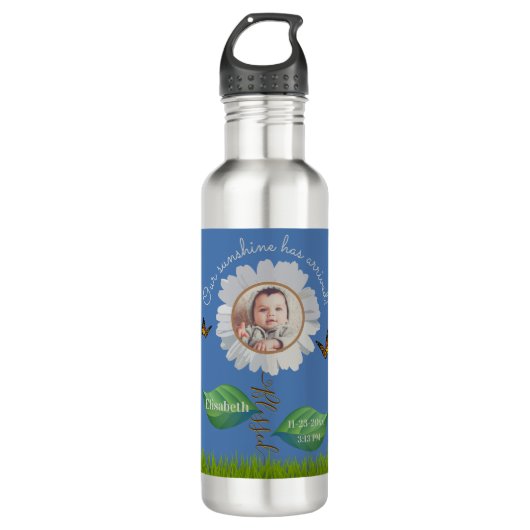 Elegant Daisy Blue Floral Cute Baby Foto & Name Waterfles (Voorkant)