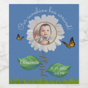 Elegant Daisy Blue Floral Cute Baby Foto & Name Wijn Etiket