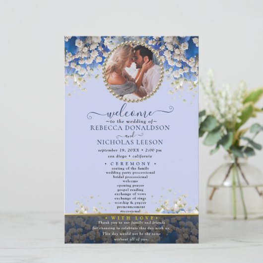 Elegant Daisy Floral Custom Photo Wedding Program (Staand voorkant)