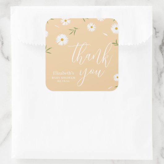 Elegant Daisy Genderneutraal Baby shower Bedankt Vierkante Sticker (Tas)