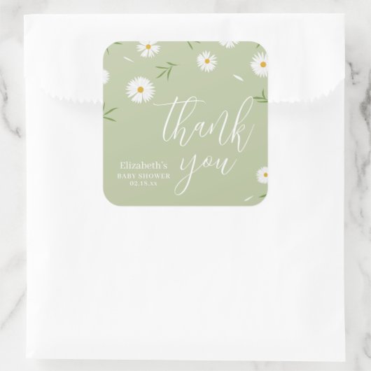Elegant Daisy Genderneutraal Baby shower Bedankt Vierkante Sticker (Tas)