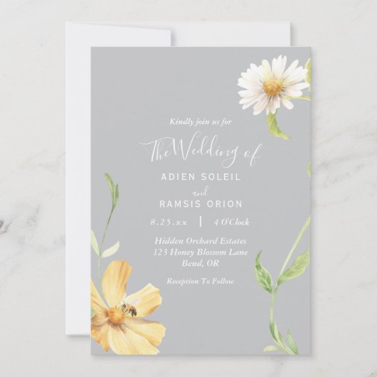 Elegant Daisy | Grijze bruiloft uitnodiging (Voorkant)