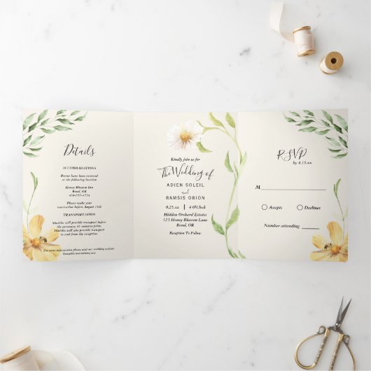 Elegant Daisy Trivoudig Uitnodiging (Binnen)