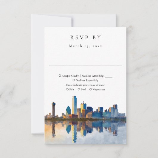 Elegant Dallas Skyline Watercolor Wedding RSVP Kaartje (Voorkant)