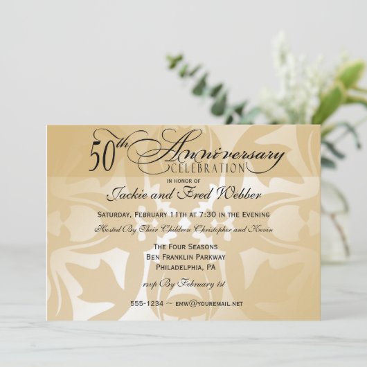 Elegant Damask 50th Jubileum Party Invitation Kaart (Staand voorkant)