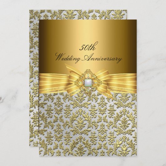 Elegant Damask 50th Wedding Jubileum Invite Kaart (Voorkant / Achterkant)