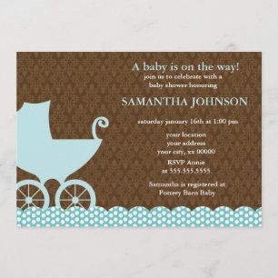 Elegant Damask and Baby Carriage Invitations Kaart