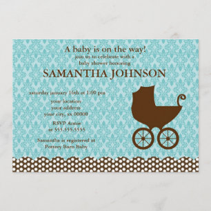 Elegant Damask and Carriage Baby shower Kaart