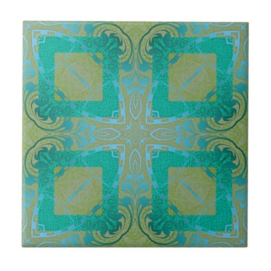  Elegant Damask Arabesque Blauwgroen en Gold Tegeltje (Voorkant)