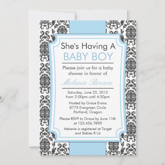 Elegant Damask Baby shower Invite Kaart (Voorkant)