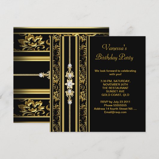 Elegant Damask Birthday Party Gold Black Kaart (Voorkant / Achterkant)