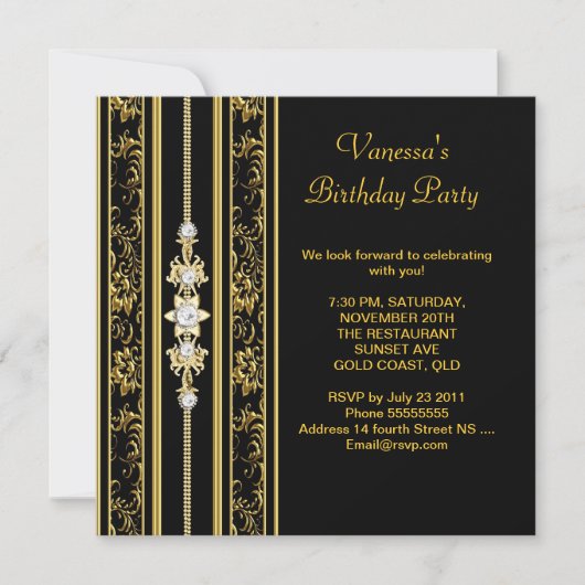 Elegant Damask Birthday Party Gold Black Kaart (Voorkant)