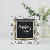 Elegant Damask Birthday Party Gold Black White Kaart (Staand voorkant)