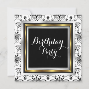 Elegant Damask Birthday Party Gold Black White Kaart