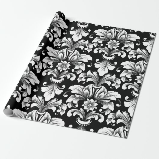 Elegant Damask black and white wrapping paper roll Cadeaupapier (Uitgerold)