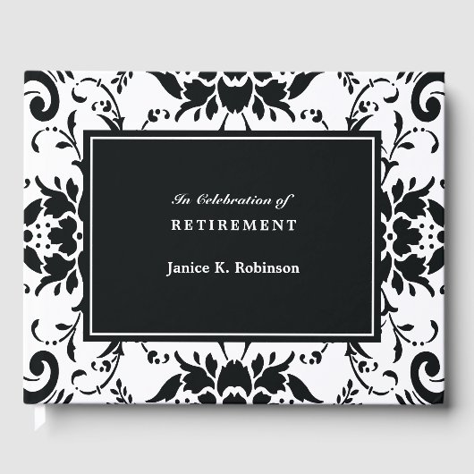 Elegant Damask Black en White Retirement Gastenboek (Voorkant)