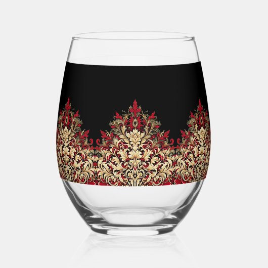 Elegant Damask Black Red and Gold Pattern Wijnglas Zonder Voet (Voorkant)