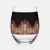Elegant Damask Black Red and Gold Pattern Wijnglas Zonder Voet (Achterkant)