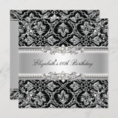 Elegant Damask Black Silver Floral Birthday Party Kaart (Voorkant / Achterkant)