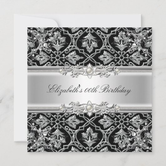 Elegant Damask Black Silver Floral Birthday Party Kaart (Voorkant)