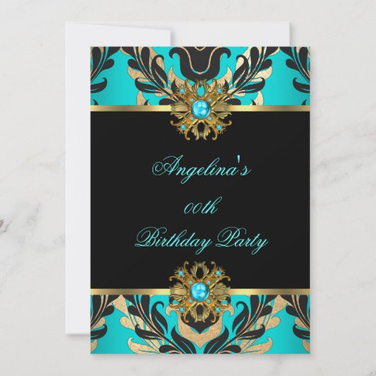 Elegant Damask Blauwgroen Blue Gold Black Birthday Kaart (Voorkant)