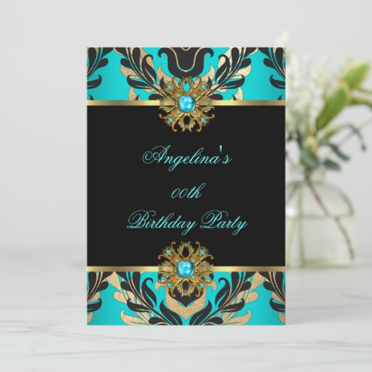 Elegant Damask Blauwgroen Blue Gold Black Birthday Kaart (Staand voorkant)