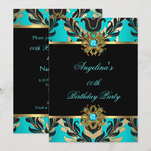 Elegant Damask Blauwgroen Blue Gold Black Birthday Kaart (Voorkant / Achterkant)