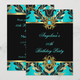 Elegant Damask Blauwgroen Blue Gold Black Birthday Kaart