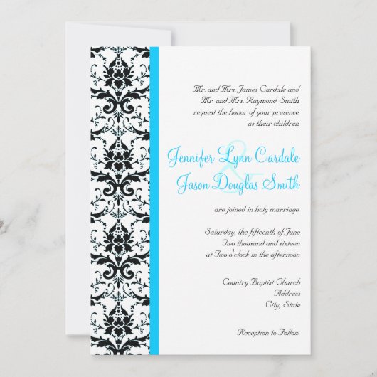Elegant Damask Blauwgroen Blue Stripe Wedding Invi Kaart (Voorkant)
