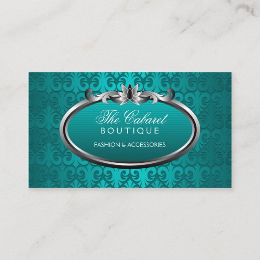 Elegant Damask Blauwgroen Silver Shimmer Visitekaartje (Voorkant)