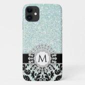 Elegant  Damask Bling Aqua Blue Monogrammed Case-Mate iPhone Case (Achterkant)