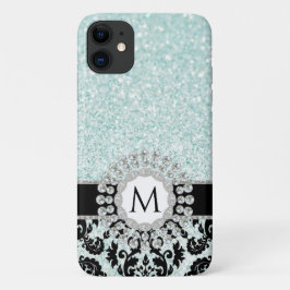 Elegant  Damask Bling Aqua Blue Monogrammed Case-Mate iPhone Case