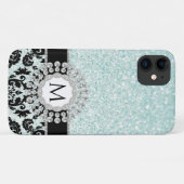 Elegant  Damask Bling Aqua Blue Monogrammed Case-Mate iPhone Case (Achterkant (horizontaal))