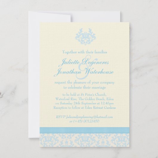 Elegant damask blue & crèmebruiloft kaart (Achterkant)