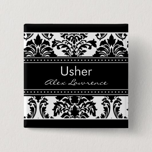 Elegant Damask Bridal Party Button - Usher (Voorkant)