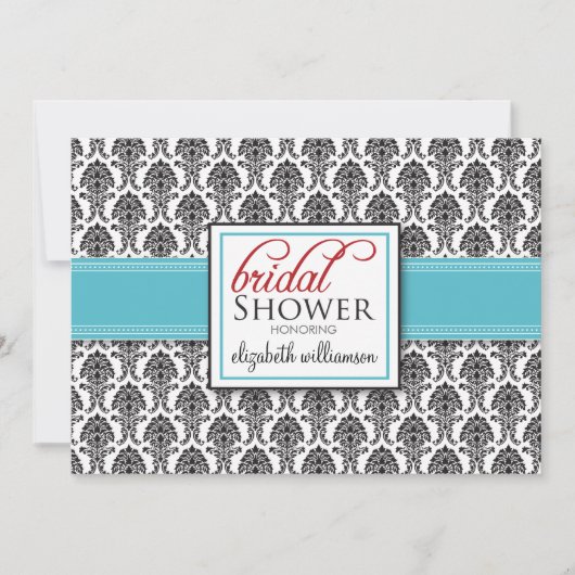 Elegant Damask Bridal Shower Invitation (aqua/red) Kaart (Voorkant)