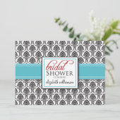 Elegant Damask Bridal Shower Invitation (aqua/red) Kaart (Staand voorkant)
